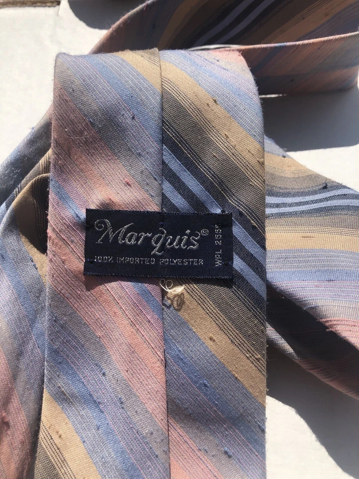 Marquis 聚酯 100% 进口蓝桃色奶油色条纹男式领带。 LN 复古 — 第 3/4 张图片