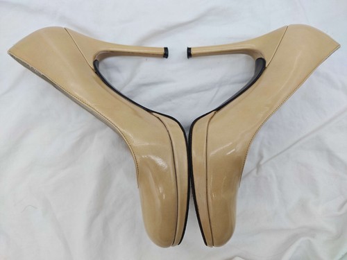 Stuart Weitzman 7.5 Beige Nude Patent Leather Pump High Heel Platswoon Round Toe - Picture 8 of 14