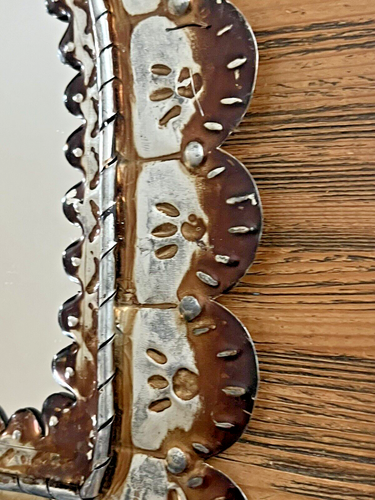 Handmade Punched Tin Arch Mirror Silver and Copper Color - Picture 3 of 5