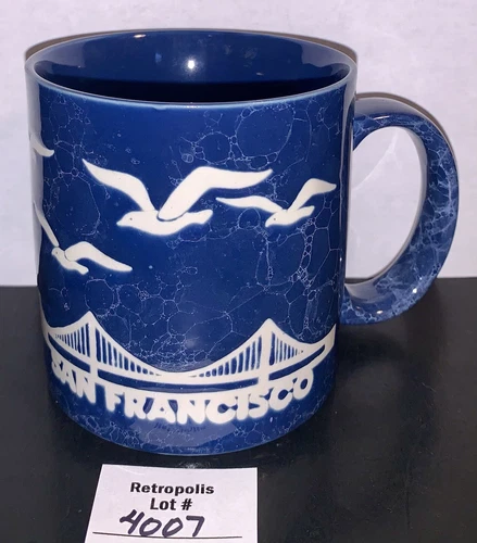 Ceramic San Francisco Coffee Mug Cobalt Navy Blue Golden Gate Bridge & Seagulls