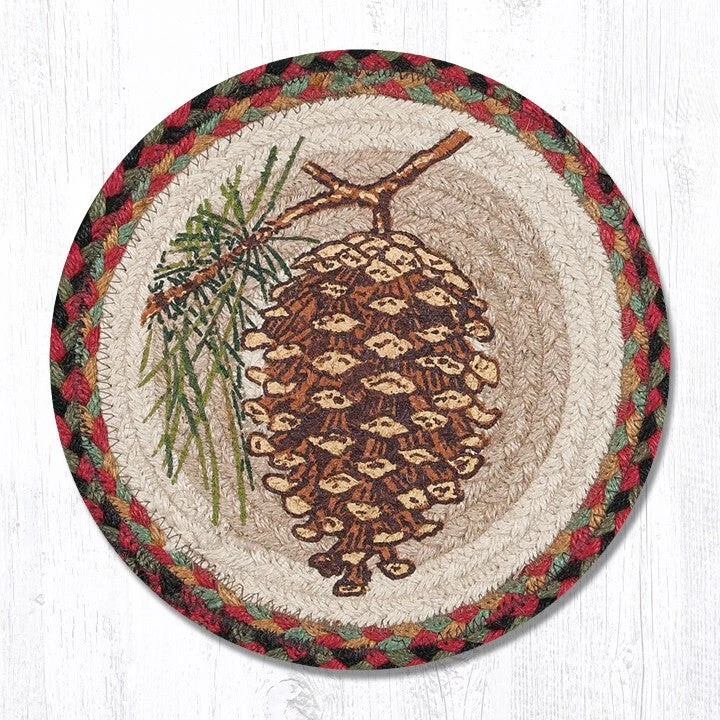 Pinecone Pine Cone 10" Round Placemat Trivet Earth Rugs, Braided Jute, Cabin