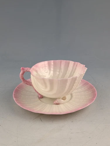 ANTIQUE BELLEEK ROBINSON & CLEAVER BELFAST PINK SEASHELL TEACUP  & SAUCER
