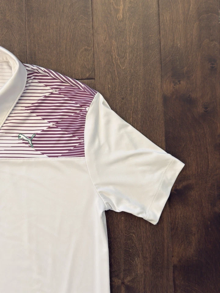 Camisa polo de golf Puma para hombre blanca talla M púrpura a rayas logotipo manga corta USPRY Foto 3 de 4