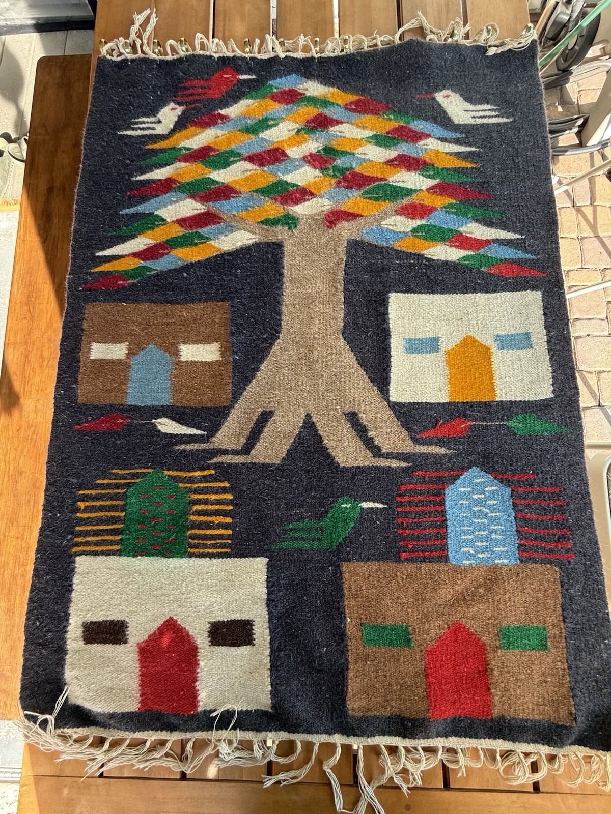 Vintage Mexican Folk Art Wool Tapestry Tree of Life Handwoven Wall Textile