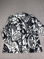 Additions by Chico's Size 1 Black Grey White Abstract Leaves Zip Up Knit Jacket