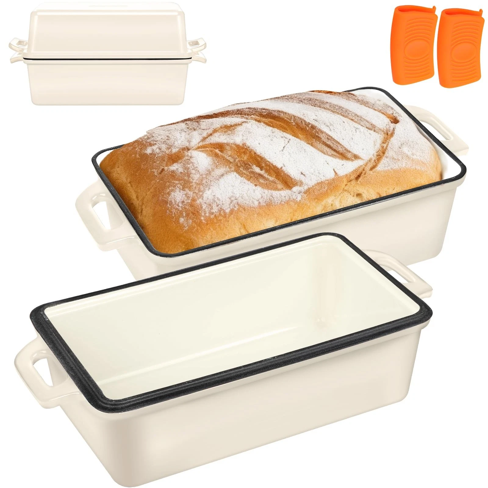 2 in 1 Enameled Cast Iron Bread Pan with Lid, 9x5 Loaf Pans for Homemade Sour...