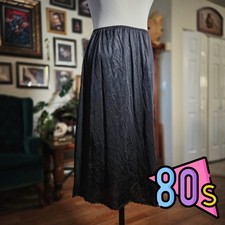 Vintage 1980s Adonna Black Lace Trim Full Slip Skirt Women's Large Nylon Antron