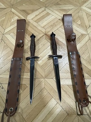 2 Fairbairn Sykes Commando Knife   Army Dagger w/ Leather Ribbed Handle & Sheath