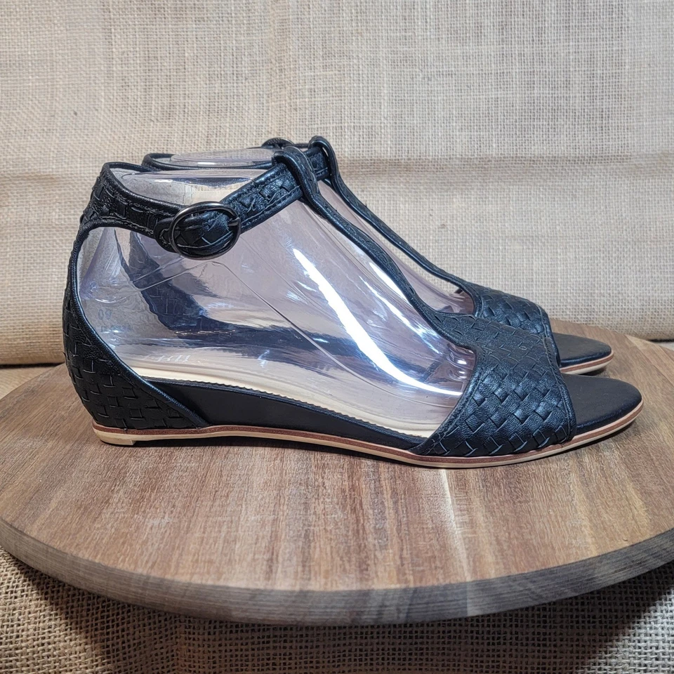 J.Jill Sandals Black Woven Leather T-Strap Ankle Strap Wedge Women's Size 9 - Image 2 of 4