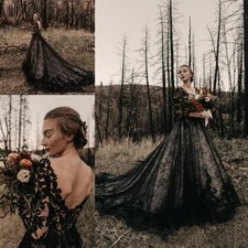 Black Gothic Wedding Dresses V Neck Sleeve Appliqued Lace Bridal Gowns Backless