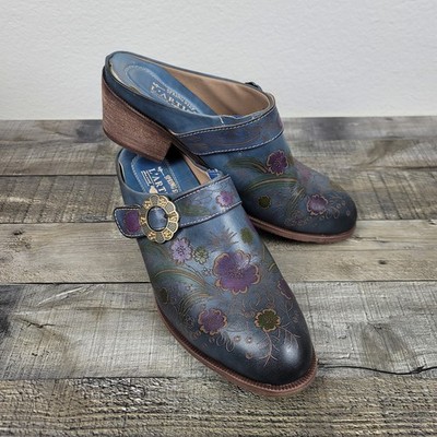 Spring Step L'Artiste Zoozi Shoes Womens EU 41 Blue Leather Floral Clogs Mules