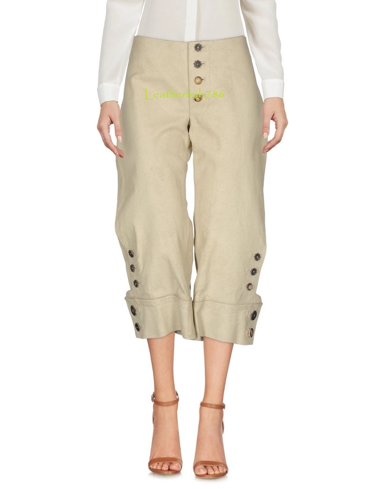 Women Pant Capri 100% Pure Lambskin Cream Leather Party Casual Wear Stylish 08