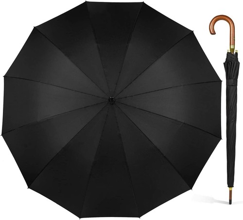 X\Large Black Umbrella 16 Rib Classic Auto Open Golf Events Rain Sun Protection - Picture 15 of 17