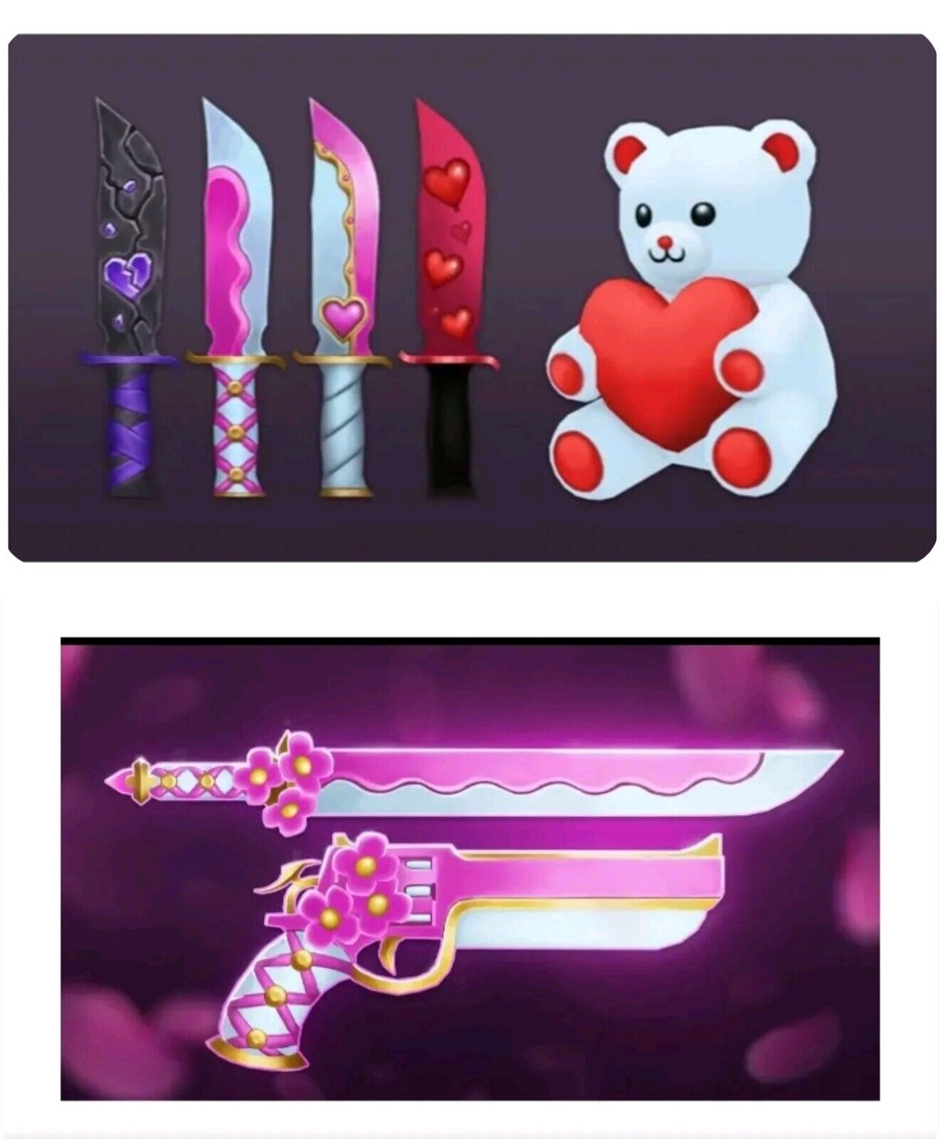 Valentine Bundle MM2 ( Sakura Set , Heartblade , <3 Pet) Roblox, Video  Gaming, Gaming Accessories, In-Game Products on Carousell