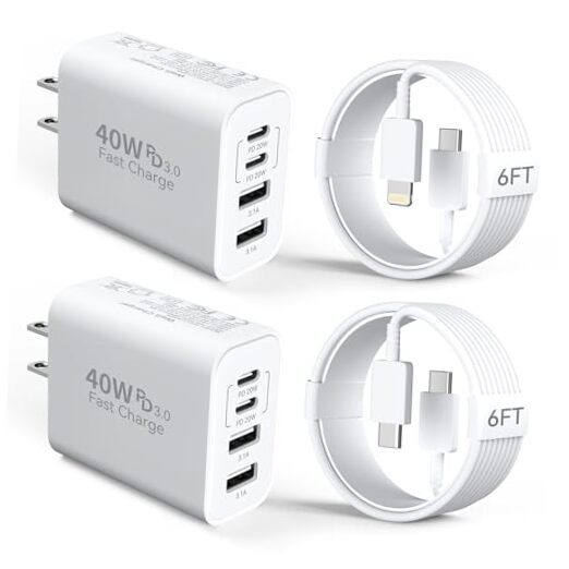 40W iPhone 15/14 Charger Fast Charging, 4-Port 40W Dual USB-C & USB-A Charger