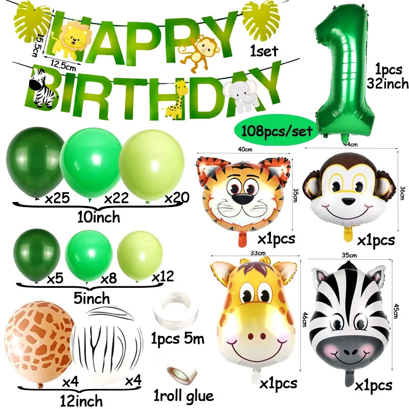 1 2 3 Year Old Kids Birthday Balloon Garland Arch Kit Animal Palm Leaves Birthda - Imagem 4 de 4