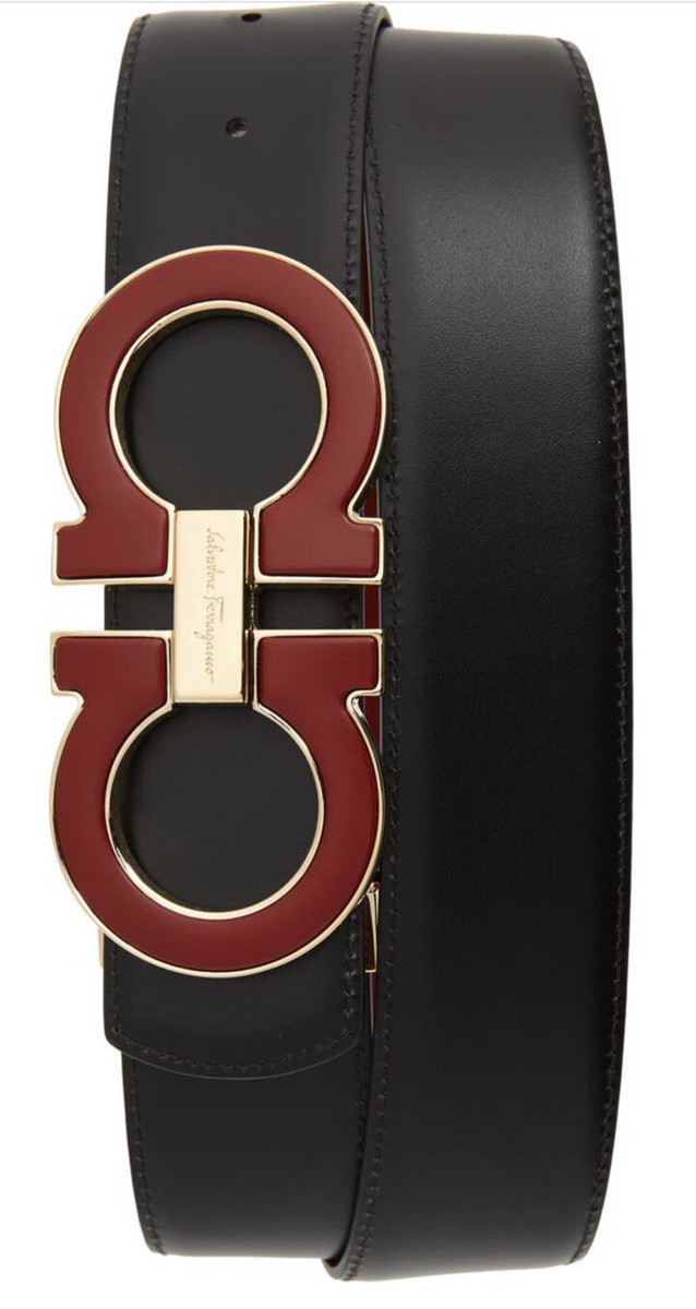 Ferragamo Black and Red Leather Belt with Gold Buckle Ferragamo Gancini-buckle Reversible Leather Belt | Black  main image 2