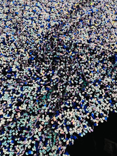 58/60" Velvet Sequins Stretch Fabric - Aqua/Royal - 2 Way Stretch Fabric By Yard - Picture 3 of 3
