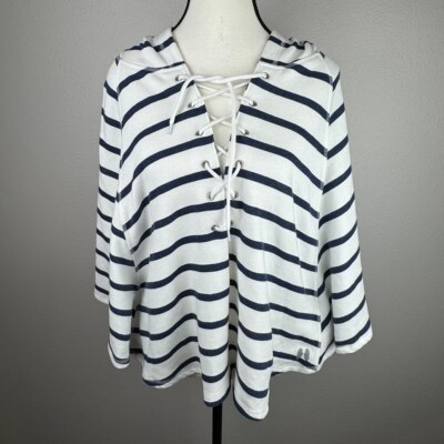 Victoria's Secret Women's Small Petite White Blue Striped Poncho Lace Up Hoodie