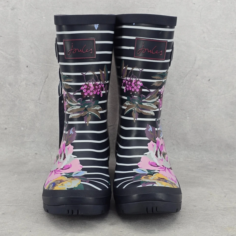 Nuevas Botas de Lluvia Joules Media Pantorrilla Molly Welly Azul Marino Rayas Flores Talla EE. UU.: 6 REINO UNIDO: 4 Foto 3 de 4