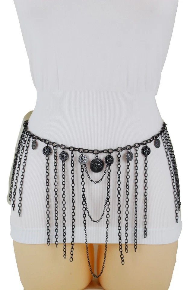 Женщин олова черный металл этнической моды ремень бедра высокая талия монета подвески XS S M - Изображение 3 из 4