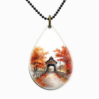 Historic Charm Country Living Autumn Covered Bridge Necklace Teardrop Wood Chain