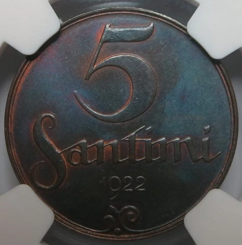 LATVIA 5 Santimi 1922 NGC MS 65 BN UNC Bronze Baltic Blue Toning TOP POP SCARCE