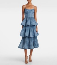 ZIMMERMANN Pleated Tiered Midi Dress in Blue Size AU1 S
