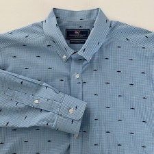 Vineyard Vines Shirt Mens Slim Fit Whale Sz L Blue White Gingham Shark Fish AOP