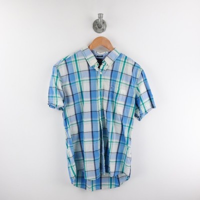 Tommy Hilfiger Herren Hemd L weiß/blau kariert Kurzarm Logo bestickt