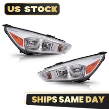 Halogen Headlight For 2015-2018 Ford Focus w/LED DRL Chrome Left+Right Pair