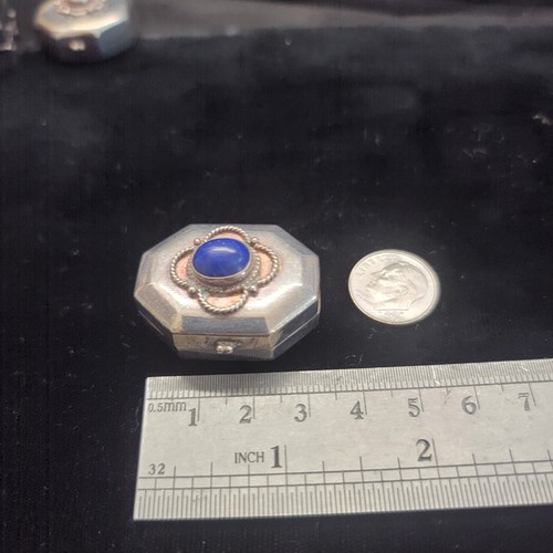 Ornate Sterling Silver Blue Lapis Lazuli Stone Octagonal Snuff Trinket Pill Box - Picture 3 of 7