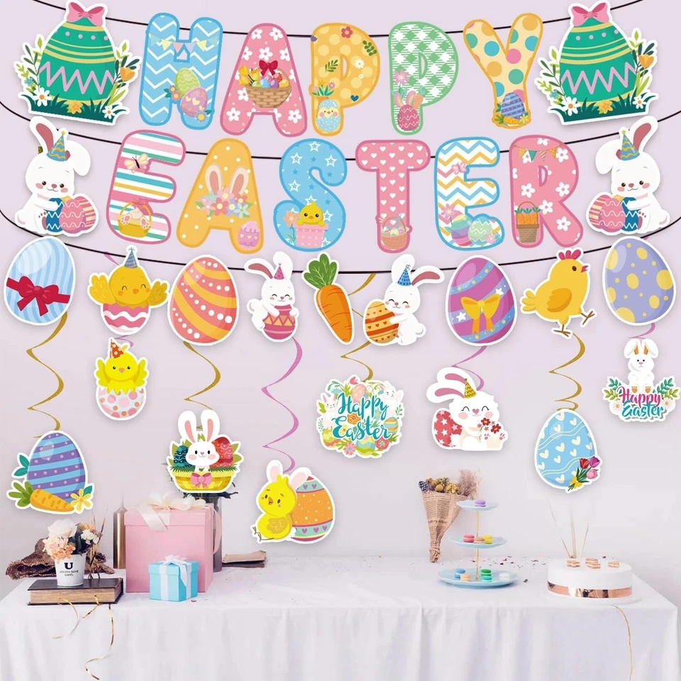Decoraciones de fiesta de cumpleaños de Pascua, huevo de Pascua conejito pancarta colgante remolino decoración Foto 4 de 4