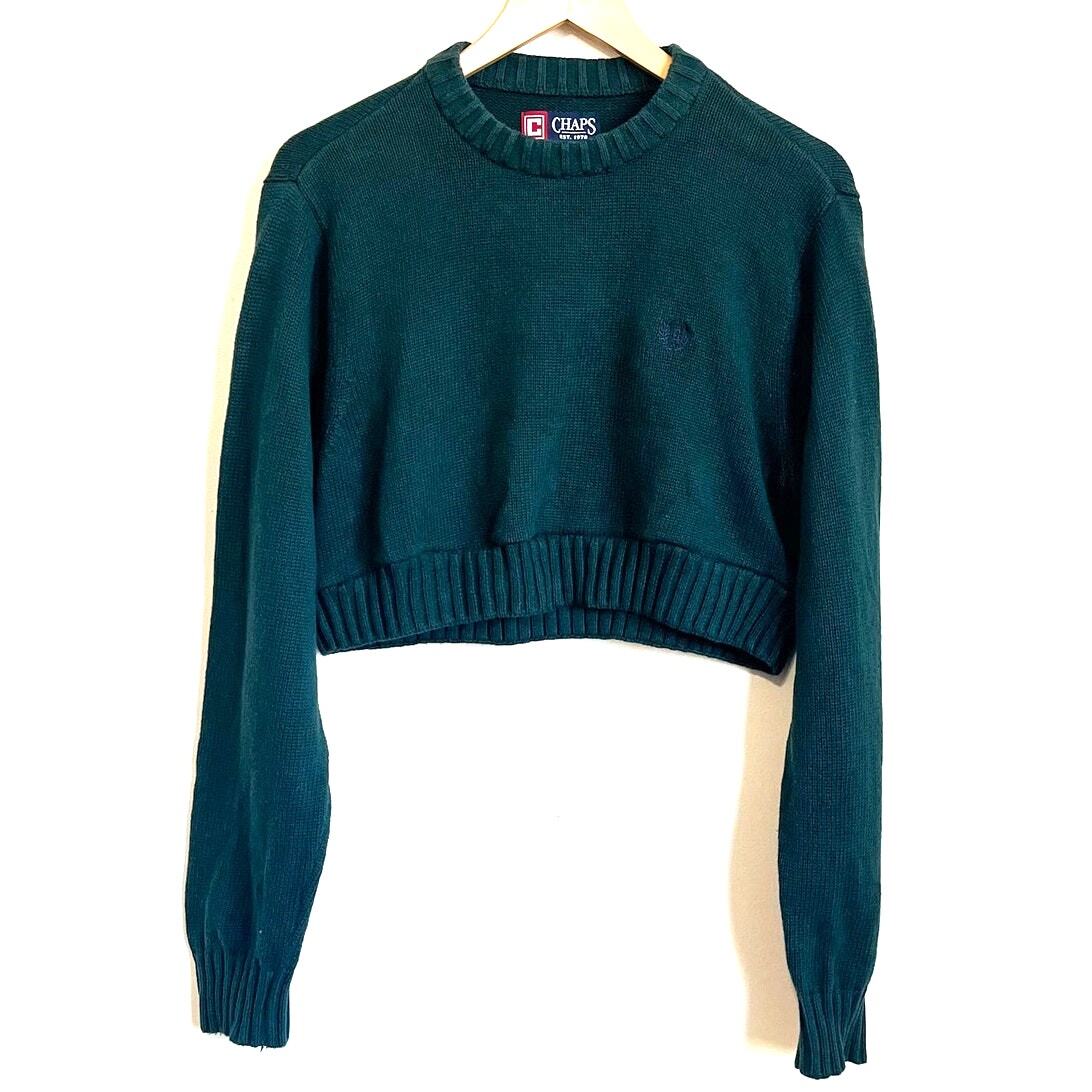 Vintage Ralph Lauren Chaps Women Sweater Large Green Cropped Preppy 90s Y2K Boxy