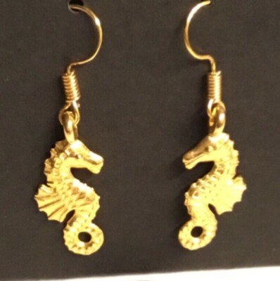3D Seahorse Earrings Handcrafted Antique Gold Plated Pair    2~Cool~4~School
