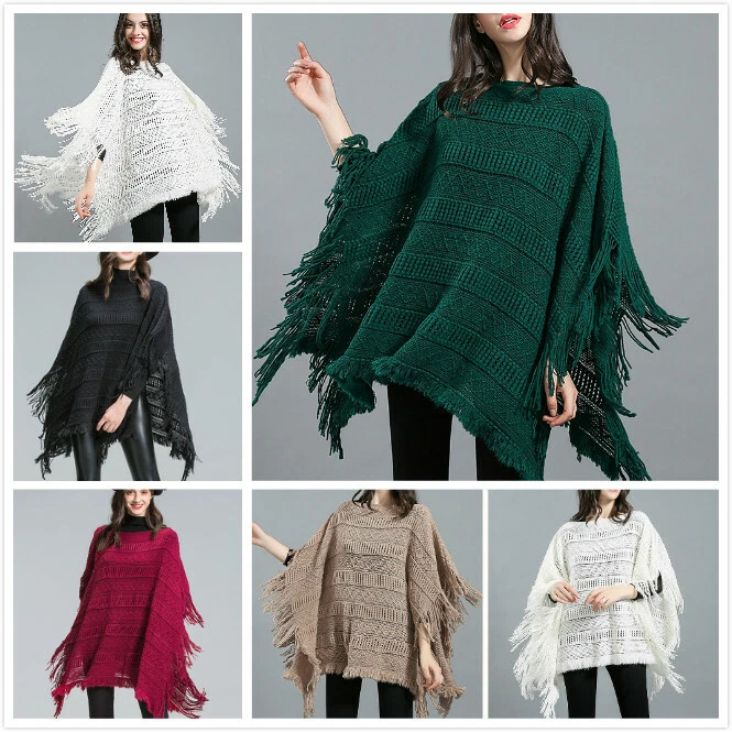 Women Ladies Tassel Cloak Warm Sweater Knit Top Poncho Cape Coat Outwear