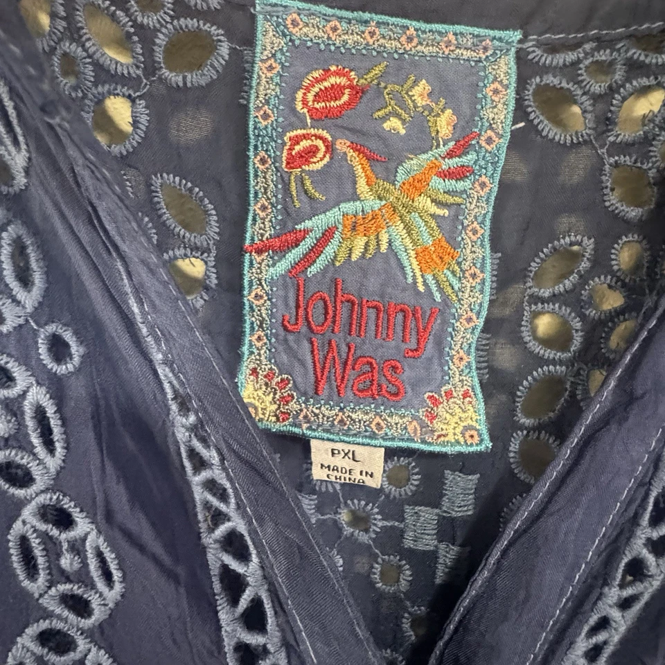 Johnny Was Embroidered Floral Eyelet Top Tunic Dress Petite XL Blue Boho Beach - Image 3 of 4