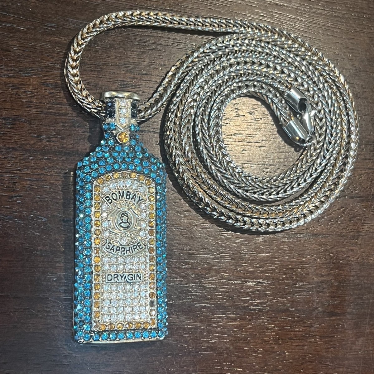 Big Blue Gold Bombay Sapphire Dry Gin Bottle Jeweled Pendant on 36