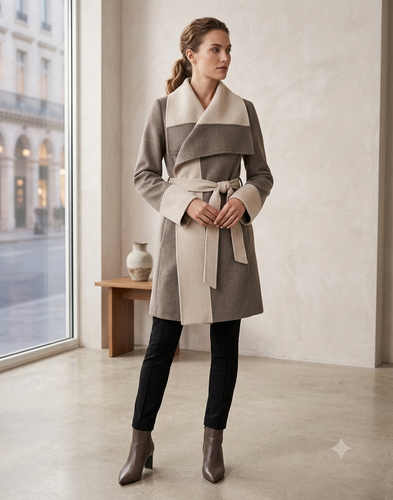 DVF Wollgürtel Trenchcoat zweifarbig Wickeljacke eleganter Wintermantel mittellang - Bild 1 von 13
