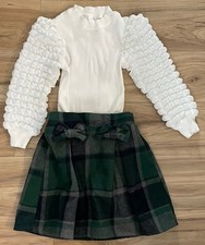 Girls White Ruffle Long Sleeve Shirt Green Checkered Skirt Set 7Y