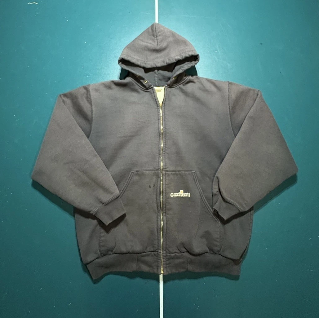VTG Carhartt Thermal Lined Full Zip Hoodie Sweatshirt Men Large Faded Black K129