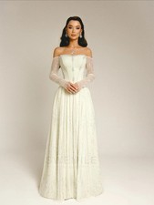 Off Shoulder Evening Dresses Strapless Sheer Long Sleeve Sequins Beaded A-Line