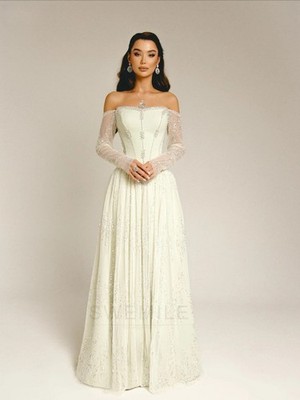 Off Shoulder Evening Dresses Strapless Sheer Long Sleeve Sequins Beaded A-Line