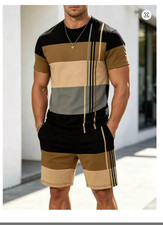 Men's Fashion 2-Piece Set - Striped Short Sleeve T-Shirt And Drawstring Shorts