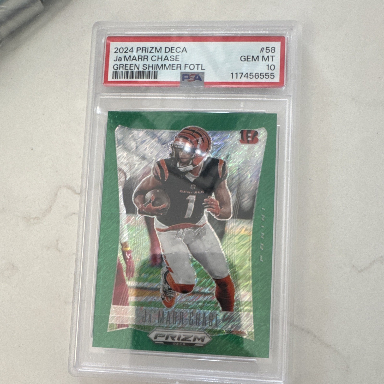 Panini 2024 Prizm Deca Ja'Marr Chase #58 Green Shimmer Prizm /12 PSA 10