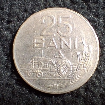 1966 Socialist Romania 25 Bani Coin Tractor Circulated  [inv#102]