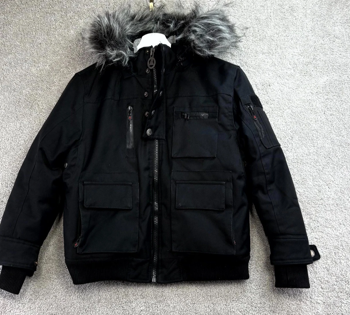 Awaknd Land Parka Jacket Boys 8 Black Lined Ribbed Faux Fur Trim Hooded Full Zip