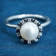 Size 9, vintage ALE sterling silver ring, 925 stackable band pearl and crystal