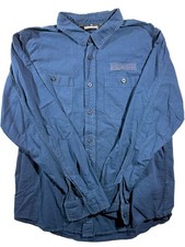Hoonigan Shirt Mens Large Button Up Navy Blue Mechanic Patch Style