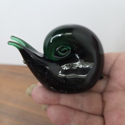 VTG 60s Murano-style Hand-blown Art Glass Snail Figurine Deep Green Decor 